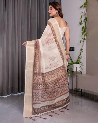 Image of ALMAARI FASHION Handloom Cotton Linen Saree for Women with Floral Printed Design and Tassel Pallu, Traditional Ethnic Lightweight Saree for Daily Office Festive with Blouse Piece