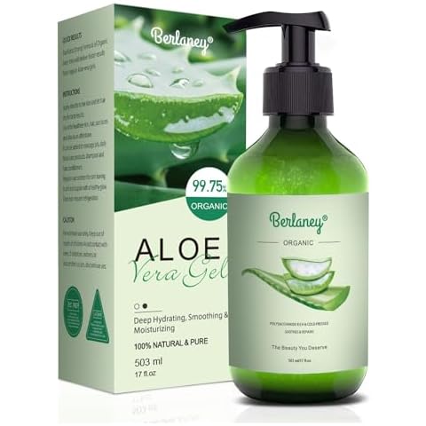 Berlaney Organic Aloe Vera Gel 17oz for Face and Body & Hair, 99.75% Organic and 100% Pure Aloe Vera Made within 12 Hours of Harvest, Aloe Vera For Deep Moisturizes and Sunburn Relief Cover