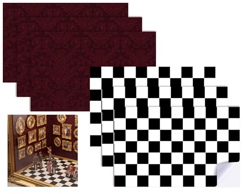 Lewtemi 6 Sheets Miniature Dollhouse Wallpaper and Flooring Peel and Stick Mini DIY Decoration Self Adhesive Miniature Dollhouse Accessories Craft Supplies 12x8(Checkered Style Red Black White)