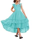 HOSIKA Little Girls Boho Swing Dress Lace Ruffle Swing Party Communion Easter Dresses for Kids 12-13 Years Aqua Blue