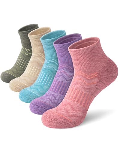 iCamter 5 Pairs Merino Wool Hiking Socks for Women Men Thick Cushion Quarter Ankle Athletic Running Socks