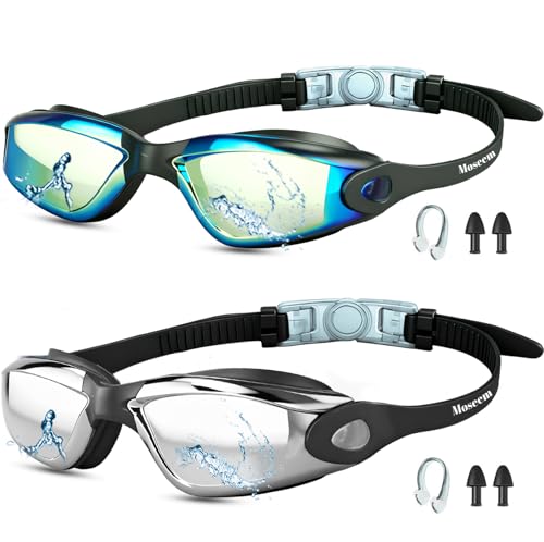 Moseem Swimming Goggles,2 Pack Goggles Kids 6-14 For Adult Men Women Youth, Swim Goggles With Uv Protection,Anti-Fog,Clear Vision,No Leaking(B)
