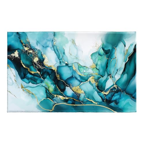 Evlaschin Teal Blue Marble Bath Rug, Abstract Marbling Print Bathroom Mats 32x20 Inch, Luxury Turquoise Gold Non-Slip Absorbent Bathroom Rugs for Bedside Shower Room Bathtub Kitchen Sink