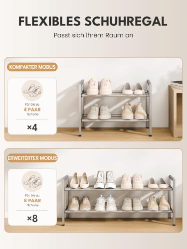 Image of Bumusty 2 Tier Expandable Shoe Rack for Closet, 18 inch-33 inch Adjustable Shoe Rack for Small Space, Small Shoe Organizer for Front Door, Sturdy Metal, Light Grey
