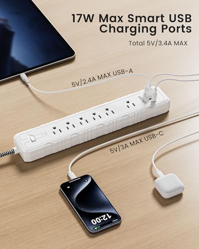 Extensión LENCENT SK017USJP con 6 tomas y 4 puertos USB, 6ft, protector contra sobretensión 1050J miniatura 5