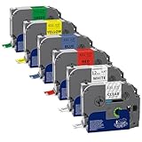 Labelwell 6-Pack TZe 12mm 0.47 Laminated Multi Color Compatible for P Touch Label Tape TZ TZe-231 131 431 531 631 for PTouch PT-H110 D210 D220 PT-H103W, Clear/White/Red/Blue/Yellow/Green