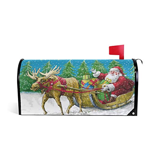 WOOR Merry Christmas Jolly Santa Claus Riding Reindeer Snow Magnetic Mailbox Cover MailWraps Garden Yard Home Decor for Outside Standard Size-18