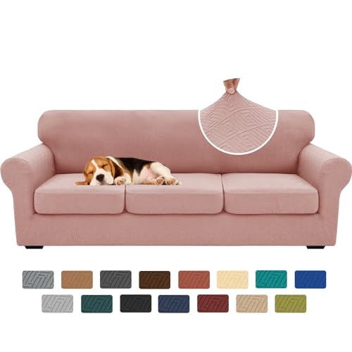XINEAGE New 4 Pieces Extra Large Couch Covers for 3 Cushion Sofa Super Stretch Sofa Cover for 3 Large Seat Cushion Universal Slip Cover for Living Room (Dusty Pink), 91"-110"(3 Cushions)