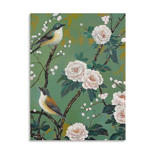 B BLINGBLING Birds Floral Canvas Wall Art: Vintage Pink Peony Flowers Pictures on Green Background Birds Paintings Decor for Bedroom Kitchen Bathroom Decorations, 12x16inch Framed Ready to Hang