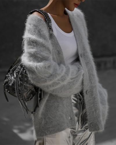 Image of Womens Fuzzy Sweaters Cardigan V-Neck Button Down Oversized Mohair Sweater Casual Y2k 2026 Fall Winter
