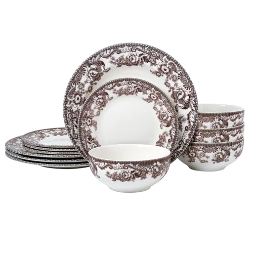 Image of Joseph Sedgh Collection Montana Chip-Resistant Porcelain Dinnerware Set, 12-Piece, Elegant Brown Floral Border