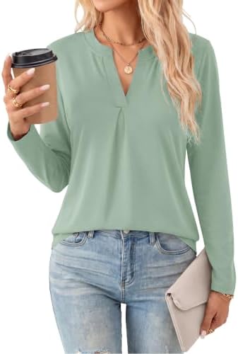 WNEEDU Langarmshirt Damen Elegante Lockere Bluse Basic V-Ausschnitt Tunika | Casual Longshirt,Herbst Top,Business Outfit Oberteile,Leichte T-shirt,Outfit Shirts für Büro,Damenbluse