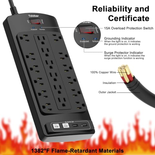 Image of 18 Outlets Surge Protector Power Strip - Teiobar 10 Feet Flat Plug Heavy Duty Extension Cord with 18 Widely Outlets and 4 USB Ports, 2100 Joules, Black, ETL Listed
