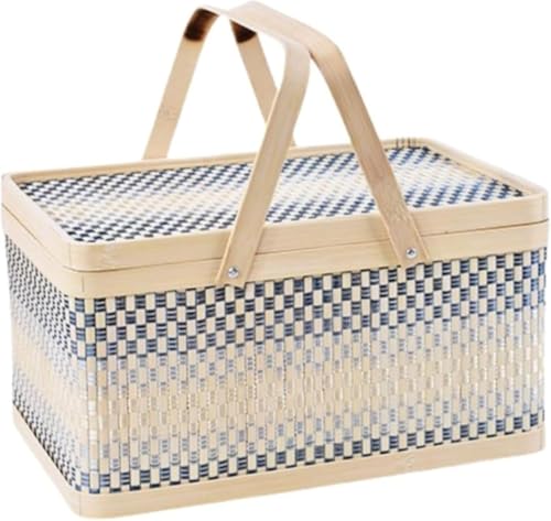 SIzlaho竹かご収納ボックス ポータブル 竹工芸かご 天然素材 手編み 蓋付き 通気性 大容量 手工芸 竹工芸 ティーセット かご スナック収納バスケット (ちょうほうけい)