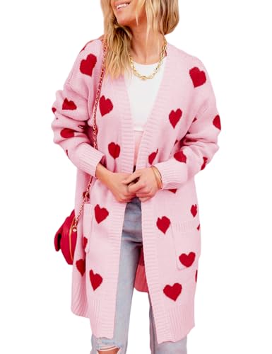 Yimoon Women Valentines Cardigan Sweater Love Heart Open Front Long Cardigan Oversized Chunky Knit Sweaters