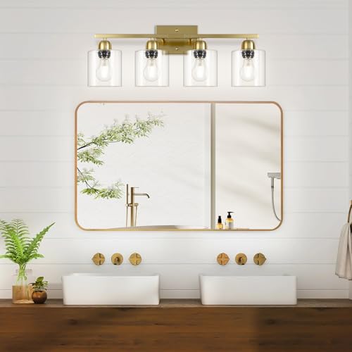 Image of Modern Brushed Gold 4 Light Bathroom Light Fixtures, 24 inch Vanity Lights for Bathroom with Clear Glass, Bathroom Vanity Light for Mirror Kitchen Living Room Hallway Cabinet Porch