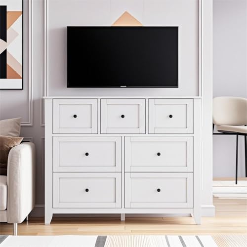 GarveeHome White 7 Chest of Drawer Dresser, Modern Storage Cabinet, Wood Organizer TV Stand for 48 inch TV, Bedroom, Living Room, Entryway