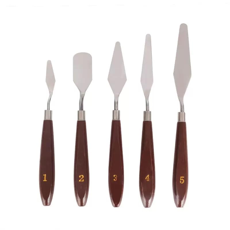 PUFUAII 5 PCS Painting Knives Stainless Steel Spatula Palette Knife Oil Painting Accessories Color Mixing Set for Oil, Canvas, Acrylic Painting (drak brown)