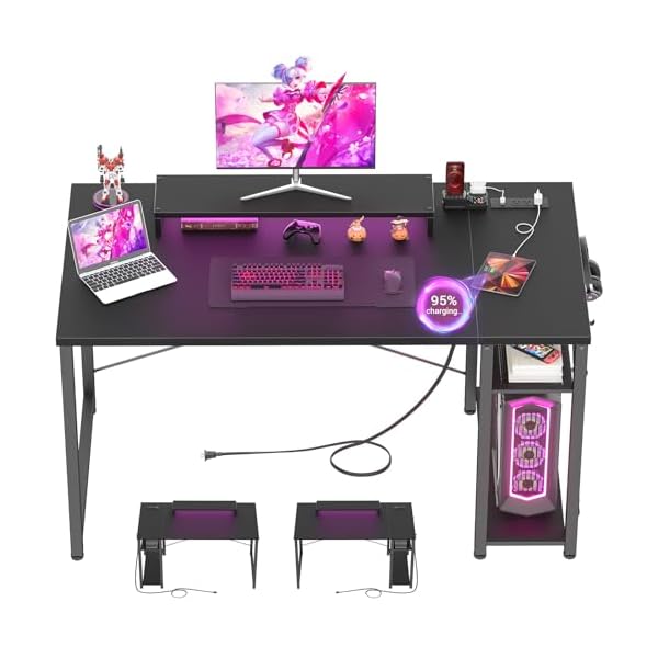 armocity Computer Desk with LED Lights, Gaming Desk with Power Outlet and USB, 40 Reversible Laptop Table with Moveable Monitor Stand, Small Desk for Small Spaces, Office, Gaming Room, Black