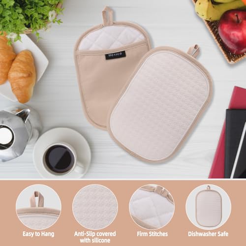 Hovico 2PCS Silicone Pot Holders, Oven Mitts Heat Resistant Hot Pads with Pockets, Non Slip Pot Holder for Kitchen Baking and Cooking| 9.8 x 7 Inches | Towel Cloth Interior Lining - Milkshake