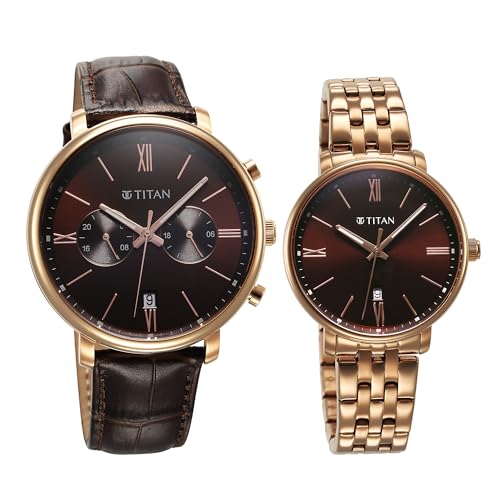 Titan Bandhan Quartz Analog with Date Brown Leather and Stainless Steel Strap for Couple-9400794207WZ02P - Image 2