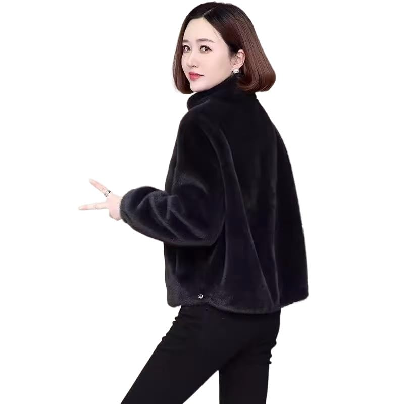 Plush Faux Fur Winter Coat, High Neck, Black, Zip Front Closure