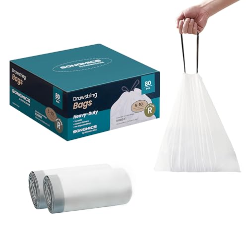 SONGMICS Trash Bags for 2.6-Gallon (10 L) Trash Cans, Drawstring Kitchen Garbage Bags, Pre-Separated, Quick-Dispense Box, Liner Code R, 2 Rolls, 80 Co