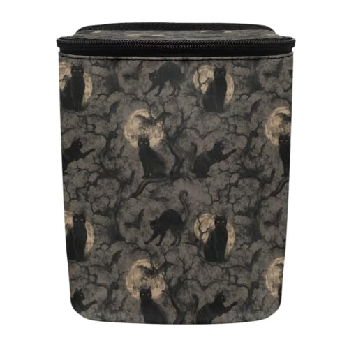Image of Talayituse Black Cat Moon Bat Print Car Trash Can with Lid, Leak Proof Auto Trash Bag Hanging Vehicle Garbage Can Multipurpose Storage Container for Back Seat Road Trip Halloween Decor