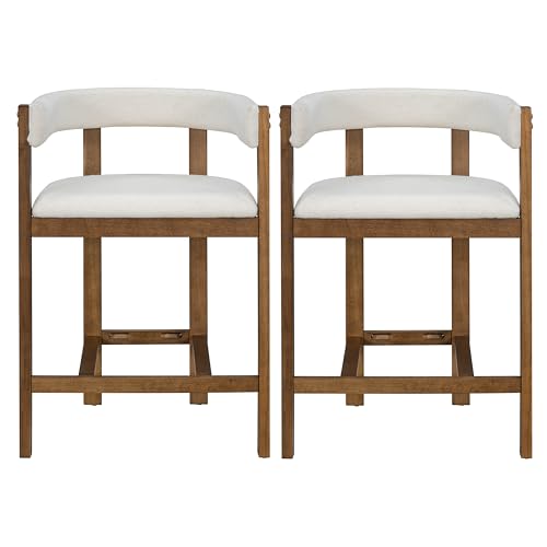 Christopher Knight Home Set de 2 Butacos Modernos Tapizados de Tela Altura Mostrador para Comedor, Taburetes de Madera de Caucho para Isla de Cocina, Sillones con Reposapiés y Respaldo Curvo, Beige y Nogal miniatura 4