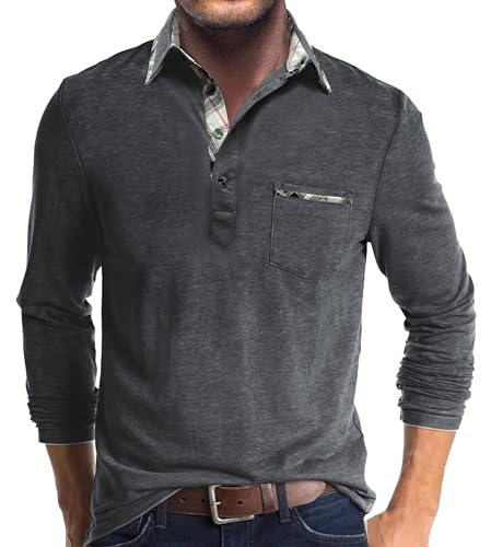 Comilaka Polo voor heren, lange mouwen, casual, contrasterende kleuren, poloshirts met zak, M-4XL, Donkergrijs, L