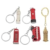 Veemoon Llavero de Autobús Estilo Inglaterra de Aleación Vintage, Set 5 Piezas Colgantes de Teléfono, Buzón y Big Ben en Rojo y Plata, Accesorio Decorativo para Bolsos, Mochilas y Coche