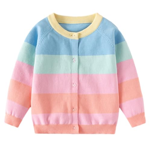 Girl's Long Sleeve Winter Colorful Rainbow Stripe Knit Button Up Cardigan Sweater Coat for Kids Girl 2-7 Years