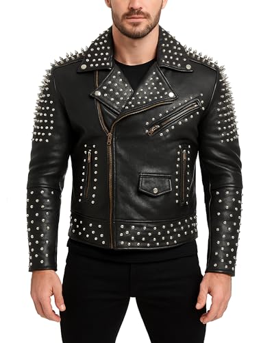 LP-FACON Mens Rock Punk Studded Leather Jacket - Brando Motorcycle Black Biker Leather Jacket Motorbike Spike Outerwear