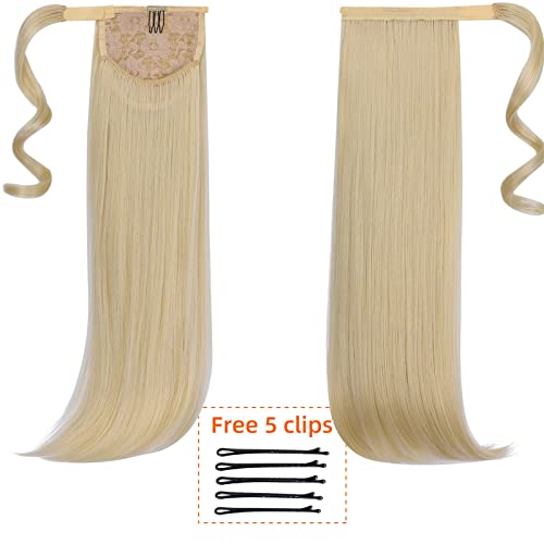 Extensão de rabo de cavalo loiro branqueador – HSPCYGG 45,7 cm de cabelo liso longo envolve o rabo d