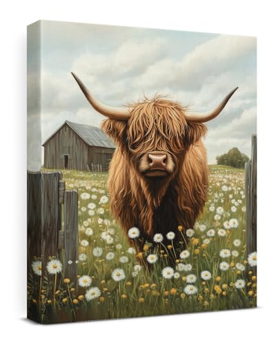 Rustic Highland Cow Canvas Wall Art Cow Dandelion...