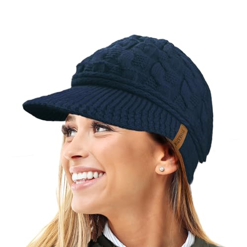 TOSKATOK Bonnet d'hiver en Tricot torsadé Chaud R80 Teddy pour Femme- Taille Unique-Bleu Marine