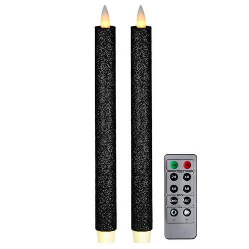 Image of Flameless Taper Candles Flickering with Remote and Timer, 3D Moving Flame Taper Candle Battery Operated to 400 Hours, 9 Inch Window Candles, (Glitter Black)
