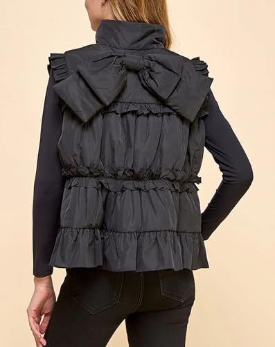 Womens Ruffle Puffer Vest Winter Warm Zip Up Stand Collar Back Bow Padded Gilet with Pockets4
