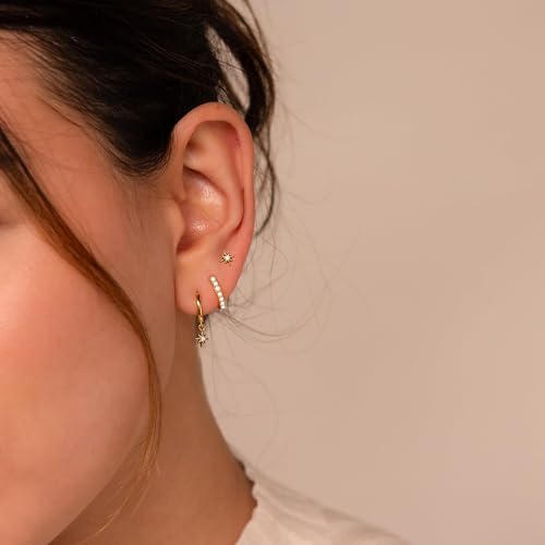 Image of Gold Earrings for Women, 14k Gold Plated Dangle Huggie Earrings for Women Trendy Dainty Gold Hoop Earring Stacks Hypoallergenic Pearl Chain Drop Cartilage Earring Fashion Womens Jewelry