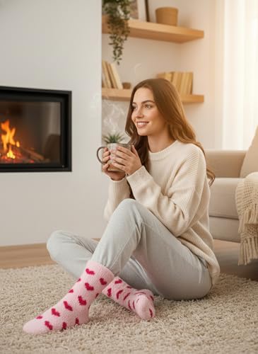 Image of Chiclinco 6 Pairs Heart Fuzzy Socks Cozy Winter Warm Socks Thick Fluffy Slipper Socks for Women Teen Girls