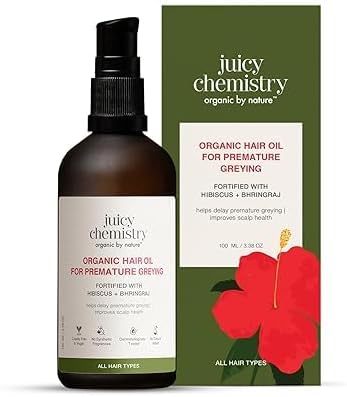 J.u.i.c.y C.h.e.m.i.s.t.r.y Organic Hair Oil for Premature Greying, Fortified with Hibiscus & Bhringraj, All Hair Types, 100 ML