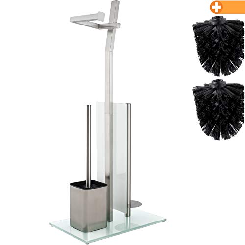 smartpeas Set WC Toilettes avec Porte-Rouleau et Brosse - Chrome Mat - Porte-Papier Toilette en Acier Inoxydable brossé - Base en Verre 32x20x70cm -Plus: 1+2 Têtes de Brosse de Toilette de Rechange!