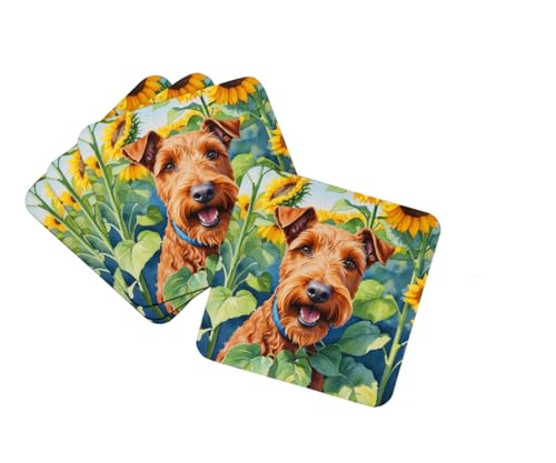 Caroline's Treasures Irish Terrier in Sunflowers Foam Coasters Set of 4 Cup Coasters for Indoor Outdoor, Tabletop Protection, Anti Slip, Mouse pad Material