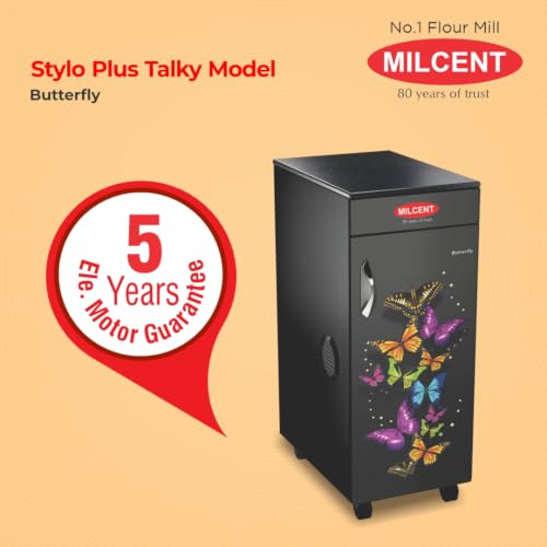 Image of Milcent Stylo Plus Talky Automatic Flour Mill | 1 HP ISI Motor | 6 Blade Stainless Steel Cutter | Fully Automatic Atta Chakki for Home | Multigrain Grinding | 5 Year Warranty (Butterfly Design)