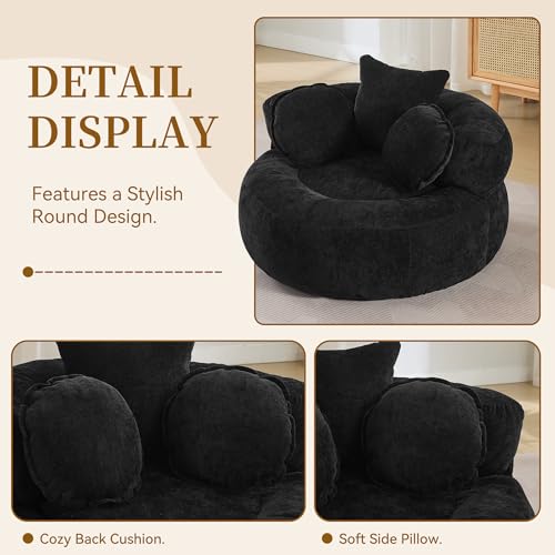 Image of WUTUTUEE Round Oversized Chair Floor Sofa Chair, Chenille Compressed Circle Chaise Lounge, No Assembly Boneless Barrel Chair, Lazy Bean Bag Couch Accent Chair for Living Room, Bedroom, Dorm,Black
