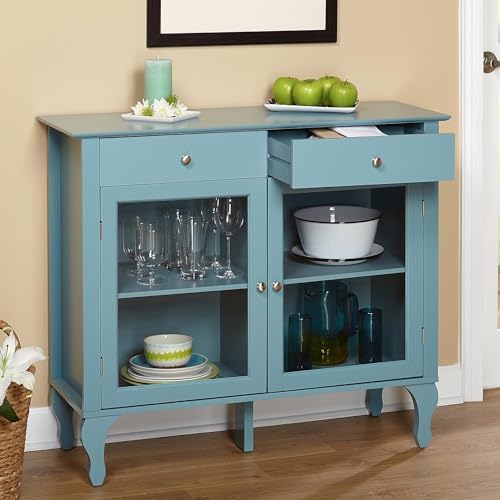 Target Marketing Systems Layla Modern Sideboard Buffet Cabinet, Kitchen Dining Room Storage Credenza with 2-Drawer, Adjustable Shelf and Tempered Glass Door, 42" W, Blue