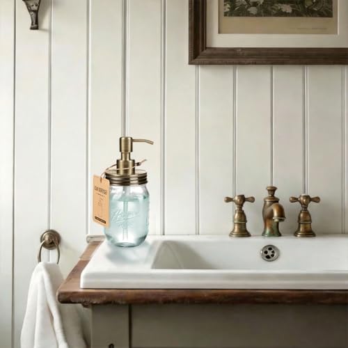Image of Amolliar Mason Jar Liquid Soap Dispenser Lid, Farmhouse Pump, Brass 2 Pack | Refillable Lotion Soap Pump16OZ Regular Mouth Jar, Hand Soap, Dish, Stainless Steel Soap Pump Lid, Farmhouse Bathroom Decor