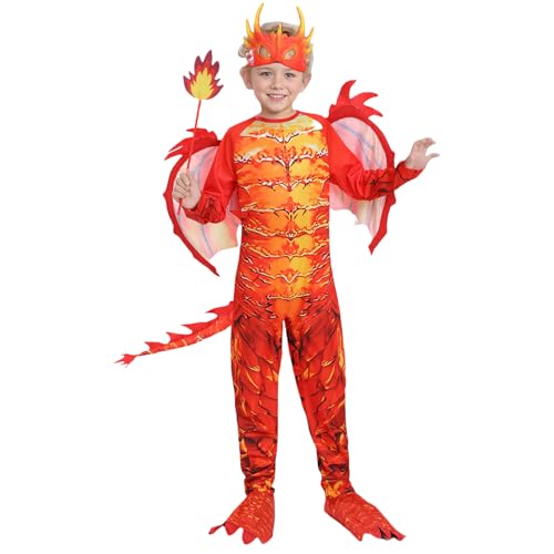 WENAUANG Kind Drachenkostüm, Flammendrachenreiter Jumpsuits mit Drachenflügel und Maske, mit Brennender Handstab und Schwanz Drachenkostüm, für Party Carnival Cosplay Kostüm (120cm)