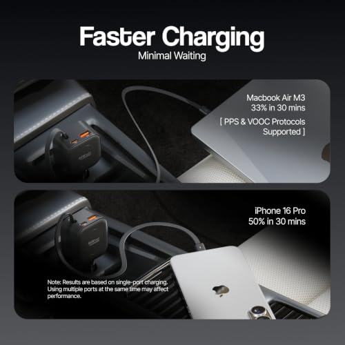Image of Ambrane 96W Car Charger with InBuilt Retractable Cable, 3-in-1 Car Charger, 33W Type C PD, 30W USB For iPhone, Macbook Air, Android, Earbuds, Other Devices, PD & PPS Fast Charging (Charge CR96, Black)