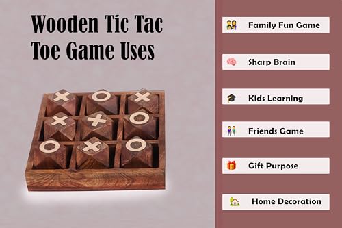 Image of Handcrafted Rosewood Tic Tac Toe Board Game, Sheesham Wood Construction, Classic Family Game with Glass Marbles (10x10 inch)